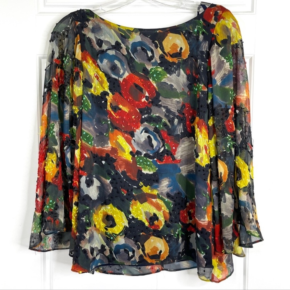 ALICE + OLIVIA Floral Bell Sleeve Beaded Embellished Blouse Blue Size XS Top
